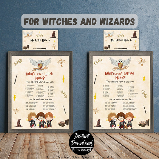 What's Your Wizard Name Game Sign And Name Labels, Wizard Witches Birthday Party Games, Magic School Birthday Party, Instant Download