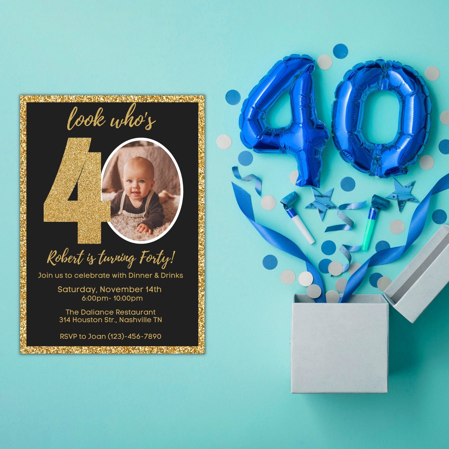 Editable 40th Invitation with photo, Look Who's 40, 40th Birthday Invitation Template, Gold 40th Invitation, Editable, Printable