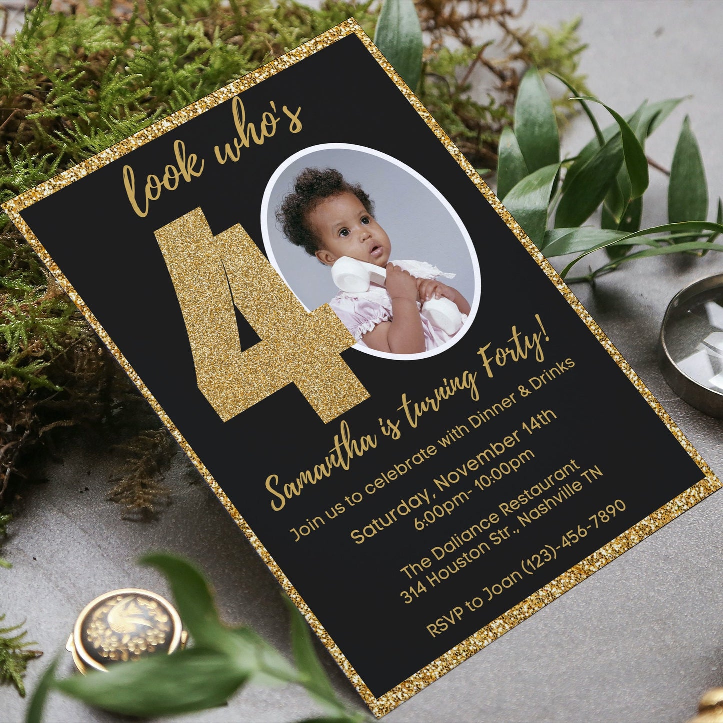 Editable 40th Invitation with photo, Look Who's 40, 40th Birthday Invitation Template, Gold 40th Invitation, Editable, Printable