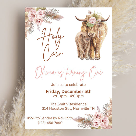 Editable Boho Highland Cow Birthday Invitation, Holy Cow I'm One Invite Girl, Pink Floral Farm Cow First Birthday Template, Instant Download