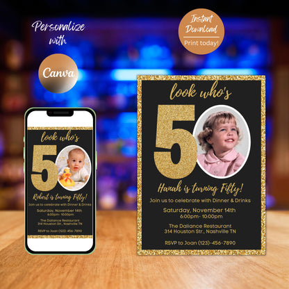 Editable 50th Invitation with photo, Look Who's 50, 50th Birthday Invitation Template, Gold 50th Invitation, Editable, Printable