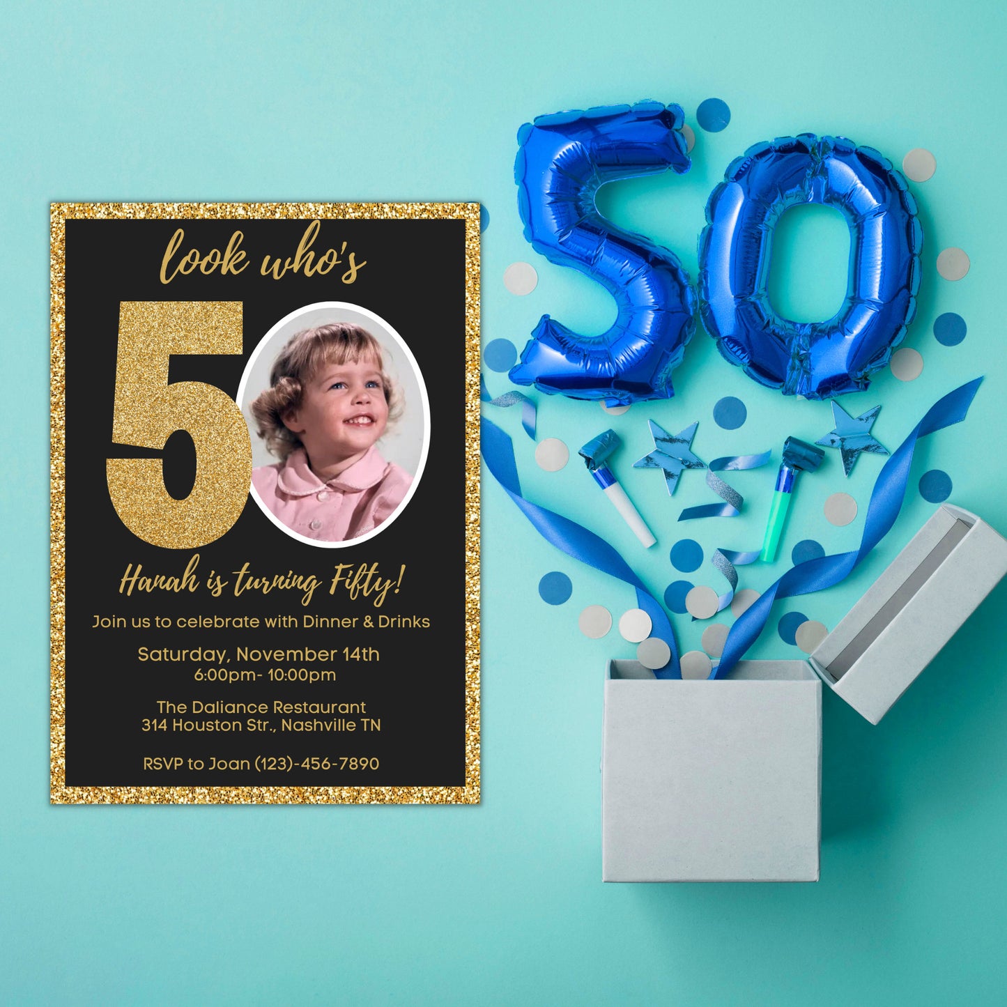 Editable 50th Invitation with photo, Look Who's 50, 50th Birthday Invitation Template, Gold 50th Invitation, Editable, Printable