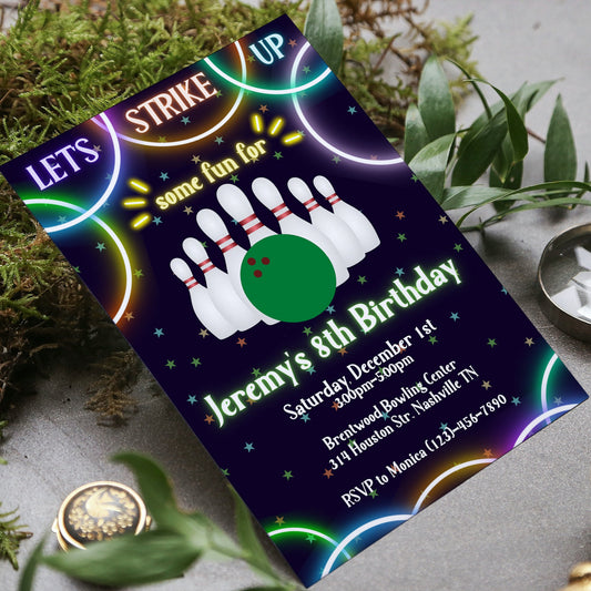 Editable Bowling Birthday Invitation, Bowling Birthday Party, Neon Glow Bowling Party, Strike Spare Birthday Party Boy, Instant Download