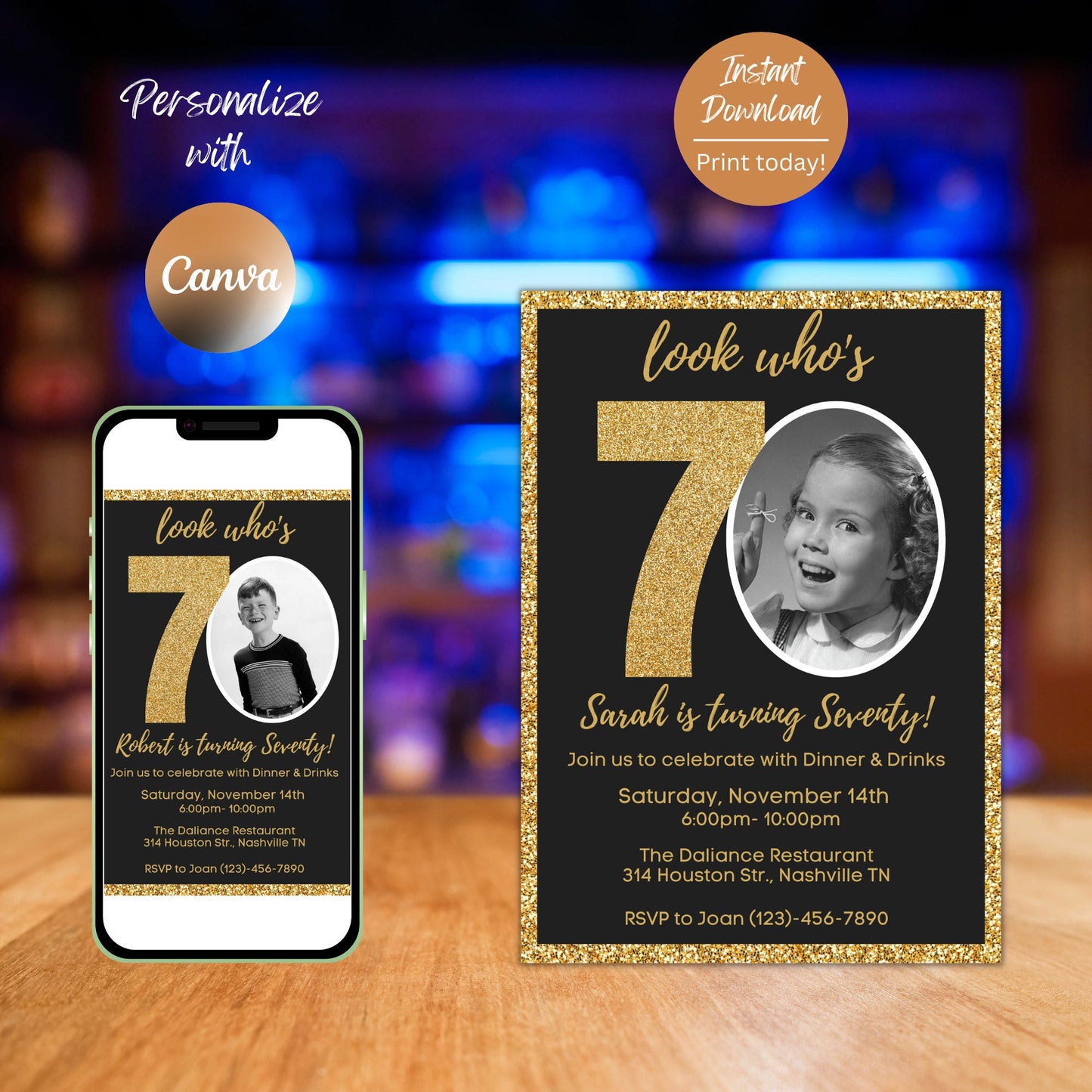 Editable 70th Invitation with photo, Look Who's 70, 70th Birthday Invitation Template, Gold 70th Invitation, Editable, Printable