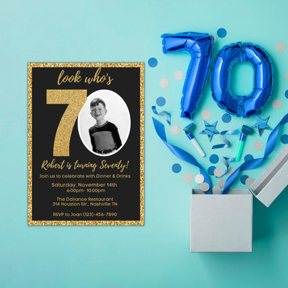 Editable 70th Invitation with photo, Look Who's 70, 70th Birthday Invitation Template, Gold 70th Invitation, Editable, Printable