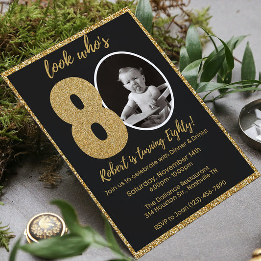 Editable 80th Invitation with photo, Look Who's 80, 80th Birthday Invitation Template, Gold 80th Invitation, Editable, Printable