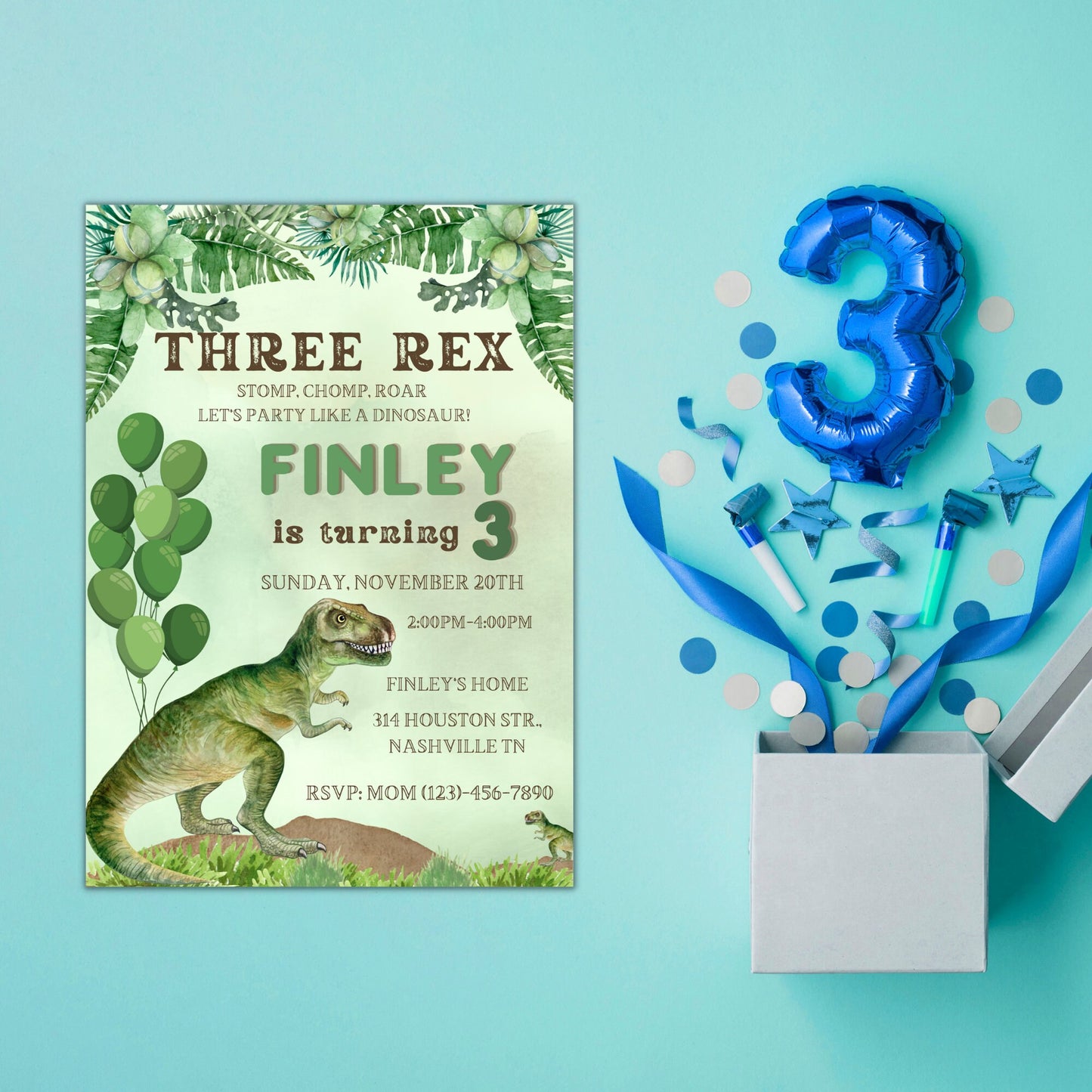 Editable Three Rex Invitation Boy, Dinosaur birthday invitation,Three rex birthday, three rex invite Printable Template Instant download