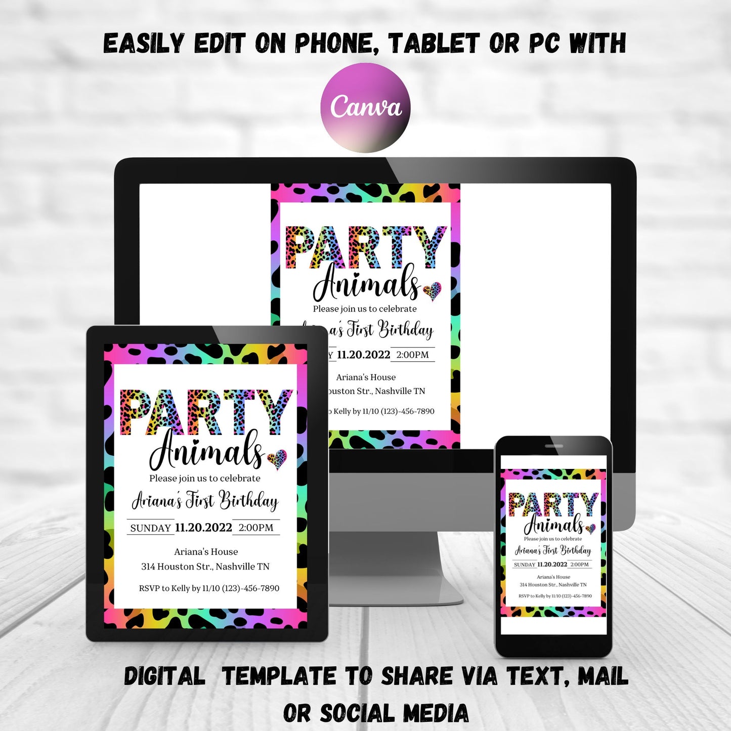 Editable Party Animals Birthday Invitation Leopard Print Jungle Birthday Party Leopard Print Wild One Two Wild Template Digital Download