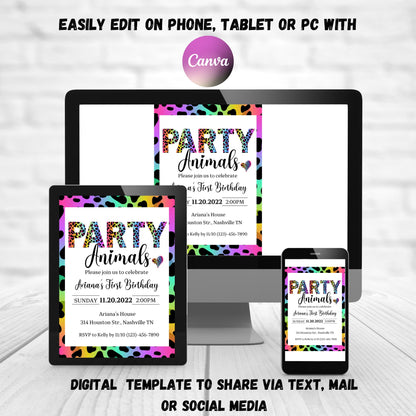 Editable Party Animals Birthday Invitation Leopard Print Jungle Birthday Party Leopard Print Wild One Two Wild Template Digital Download