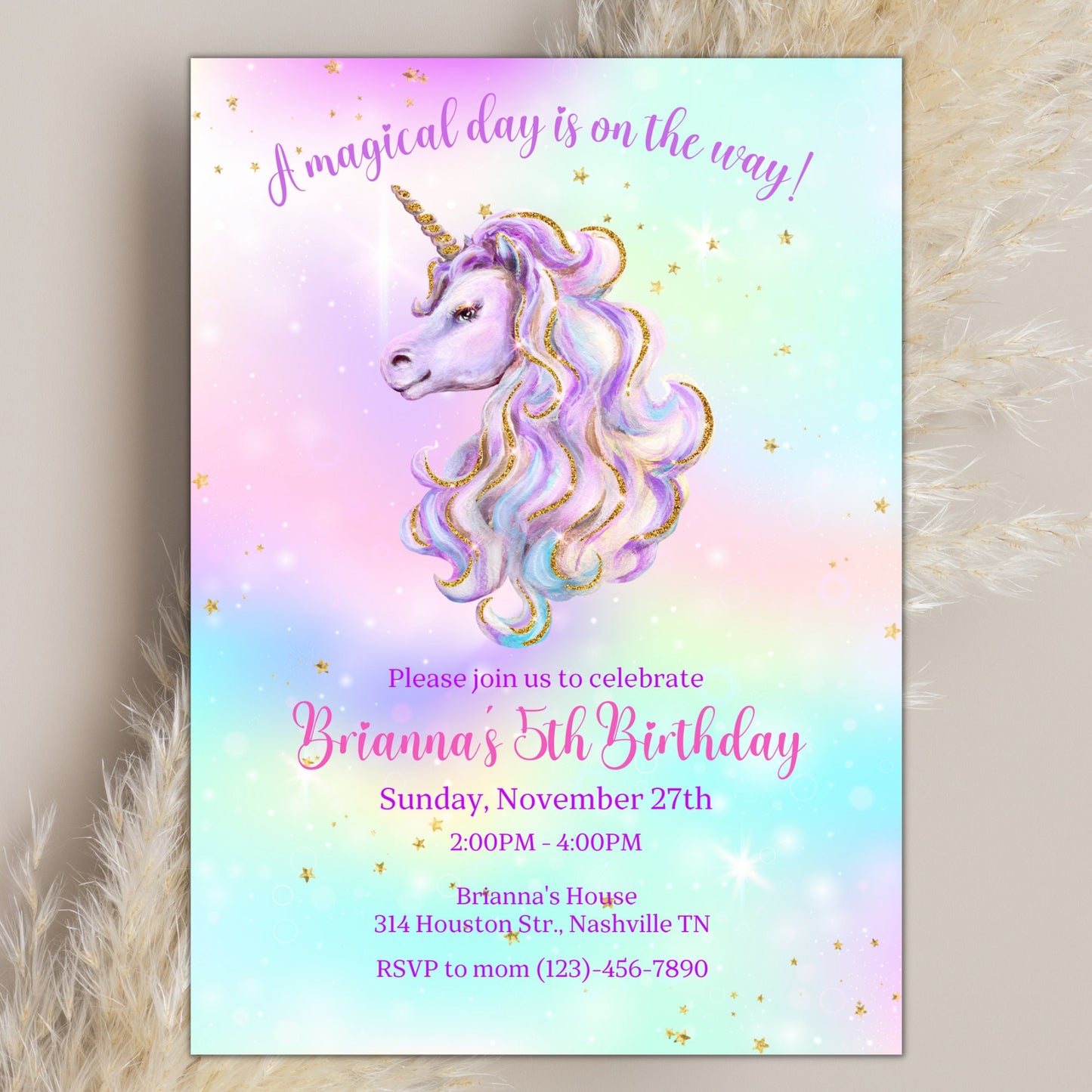 Editable Unicorn Birthday Invitation, Magical Unicorn Birthday Invite, Unicorn Party Invitation Template, Rainbow Unicorn, Digital Download