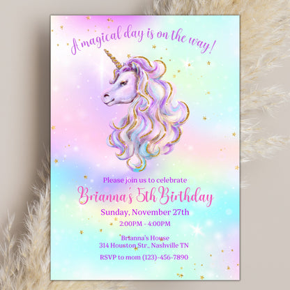 Editable Unicorn Birthday Invitation, Magical Unicorn Birthday Invite, Unicorn Party Invitation Template, Rainbow Unicorn, Digital Download