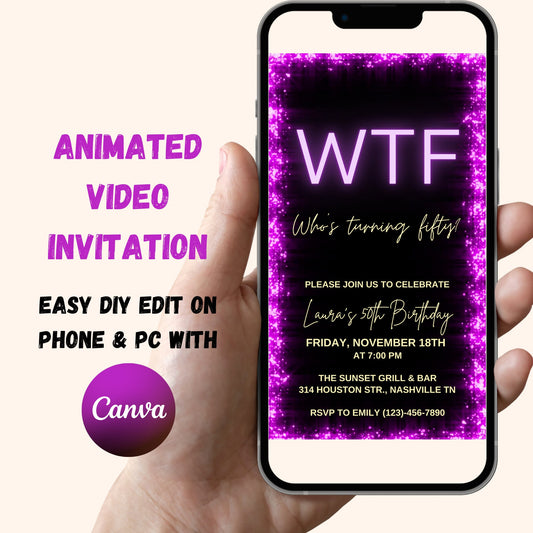 50th Birthday Video Invitation, WTF Who's Turning Forty Animated Birthday Invite, Purple Glitter Sparkle, Editable Template Instant Download