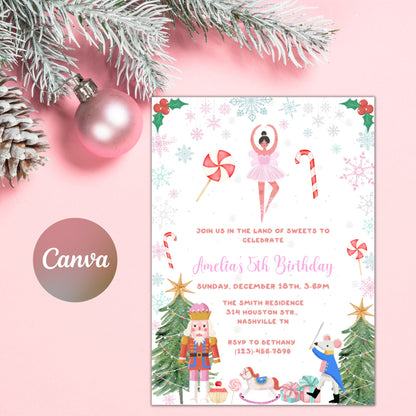 Nutcracker Birthday Invitation, Pink Nutcracker Party Invitation, Nutcracker Ballerina Birthday Invite, Editable Instant Download