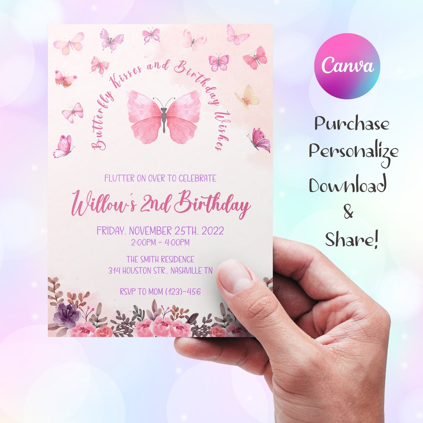 Butterfly Birthday Invitation, Butterfly Invitation, Whimsical Floral Butterfly, Floral Butterfly Garden, Instant Download Editable