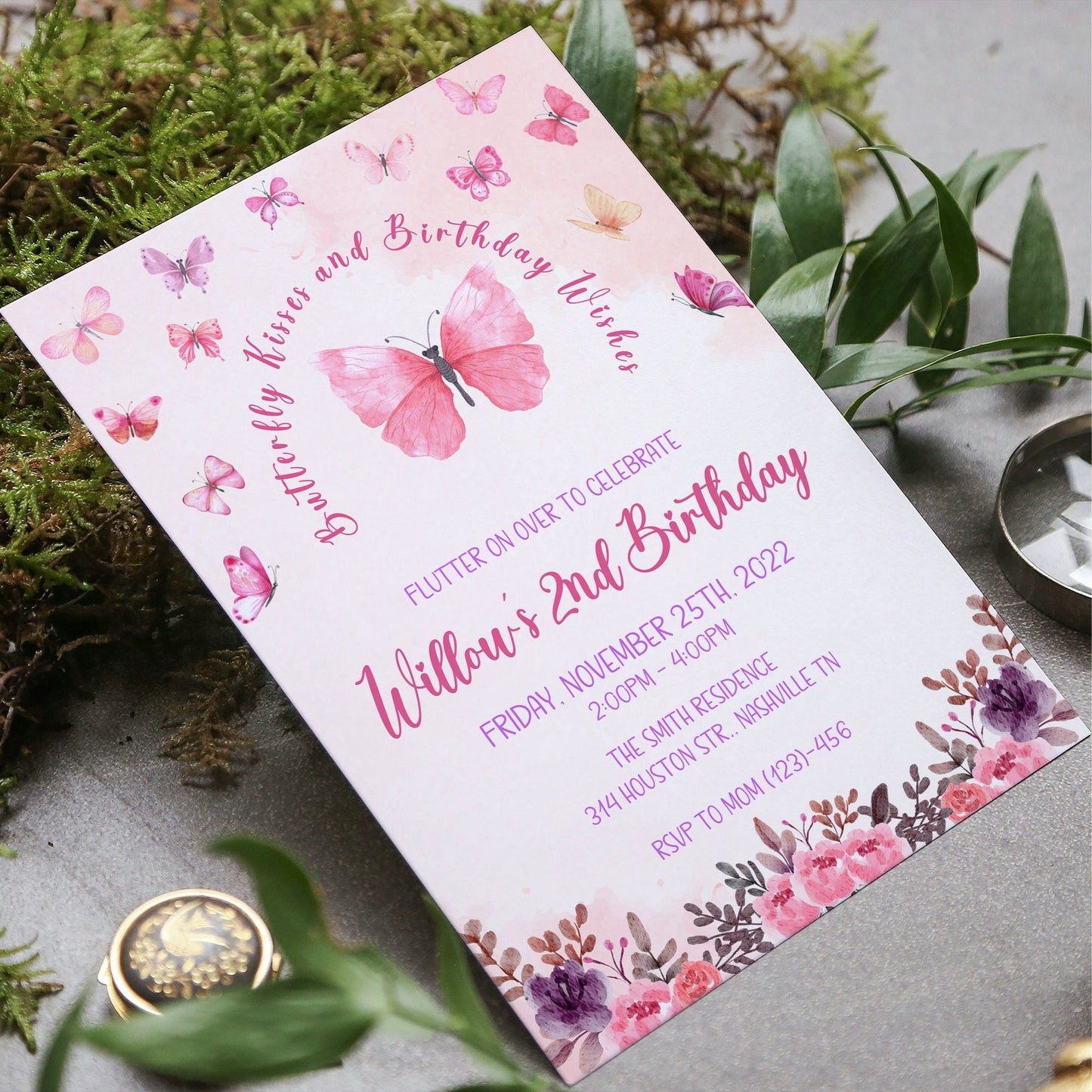 Butterfly Birthday Invitation, Butterfly Invitation, Whimsical Floral Butterfly, Floral Butterfly Garden, Instant Download Editable