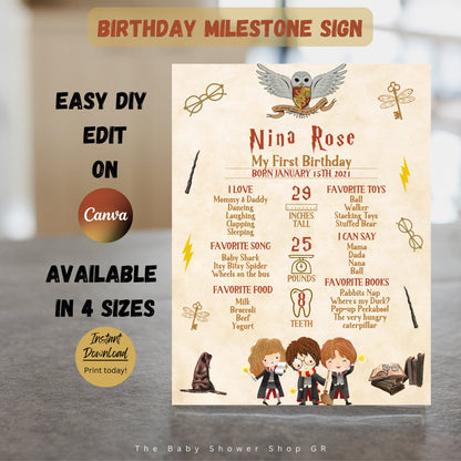 Wizard First Birthday Milestone Poster, EDITABLE Magical 1st Birthday Milestone Sign, Printable Witch Wizard Party Decor, Instant Download