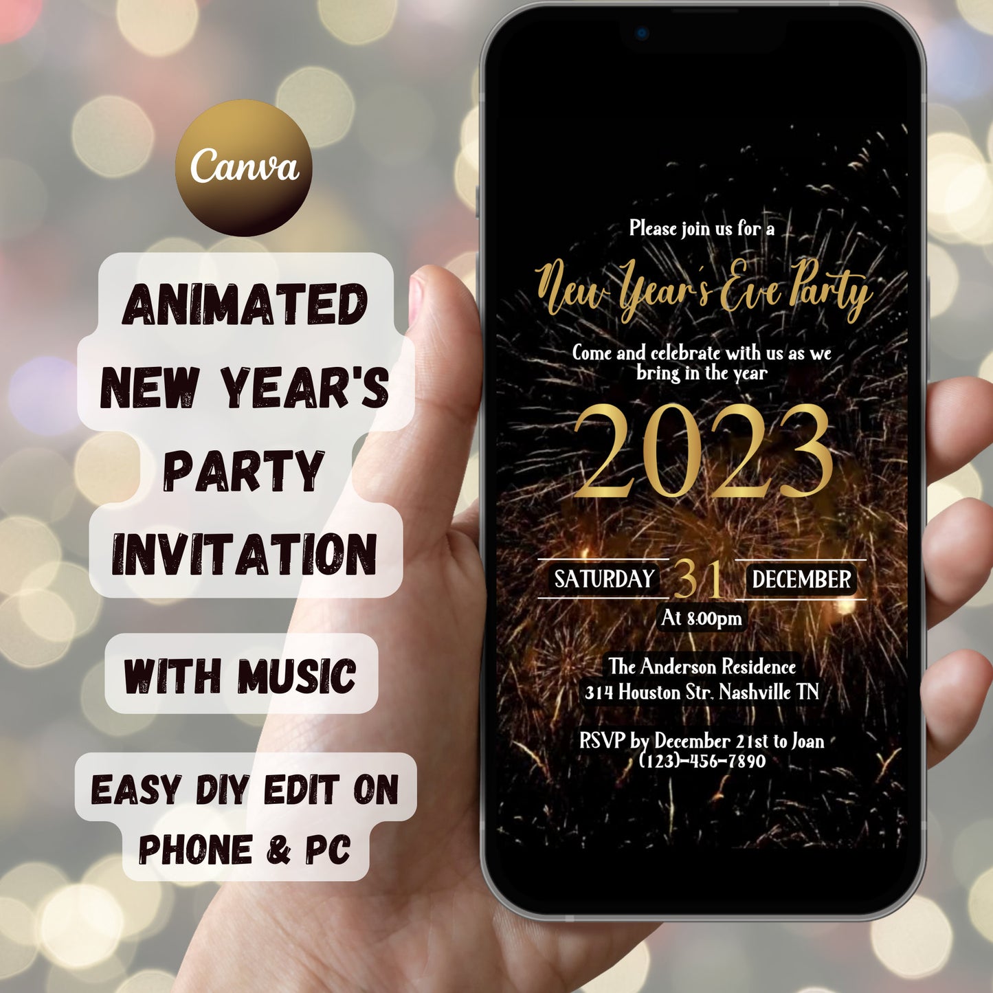 Animated New Year's Party Invitation,  Video New Year Party Invite, Electronic Firework New Year's Eve Invite, Editable Evite Template