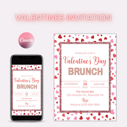 Valentine's Brunch Invitation Template, Friends Valentine's Day Brunch, Printable Valentine's Day Party Invite, Hearts Invitation Instant