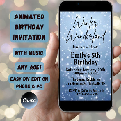 Snowflake Birthday Video Invitation Template, Winter Wonderland Birthday Invitation, Animated Winter Bday invite, Editable Download