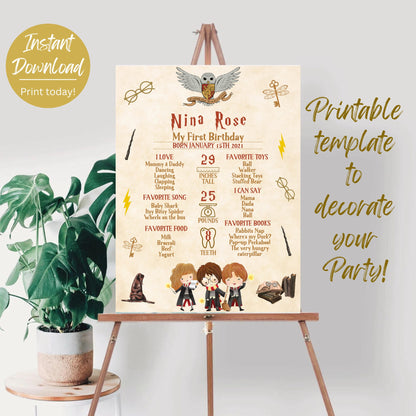 Wizard First Birthday Milestone Poster, EDITABLE Magical 1st Birthday Milestone Sign, Printable Witch Wizard Party Decor, Instant Download