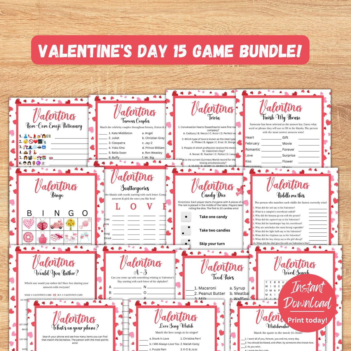 Valentine's Day Game Bundle | 15 Printable Valentine's Day Games | Party Games and Activities | Valentines Family Games | Instant Download