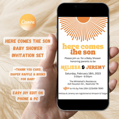 Editable Sunshine Baby Shower Invitation, Here Comes The Son Baby Shower Invite Set, Retro Boho Boy Sunshine Baby Shower, Instant Download