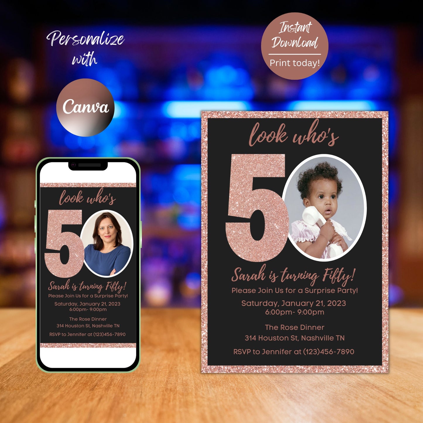 Editable 50th Invitation with photo, Look Who's 50, 50th Birthday Invitation Template, Rose Gold 50th Invitation, Editable, Printable