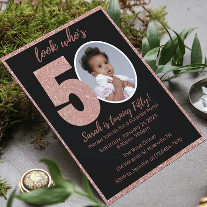 Editable 50th Invitation with photo, Look Who's 50, 50th Birthday Invitation Template, Rose Gold 50th Invitation, Editable, Printable