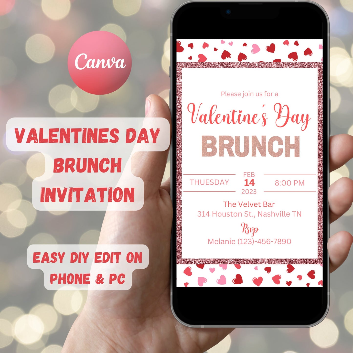 Valentine's Brunch Invitation Template, Friends Valentine's Day Brunch, Printable Valentine's Day Party Invite, Hearts Invitation Instant