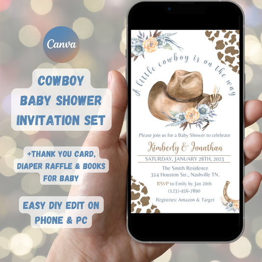 Little Cowboy Baby Shower Invitation Set, Editable Cowboy Baby Shower Invite Bundle, A little Cowboy Baby Shower, Instant Download Template