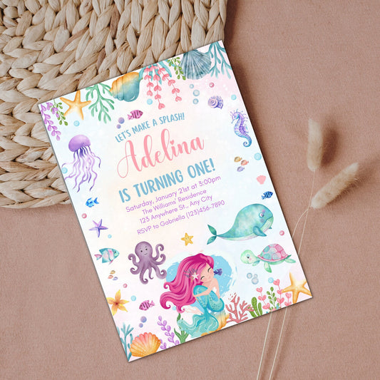 Editable Under The Sea Birthday Invitation Template, Printable Watercolor Under the Sea Invite, Mermaid Birthday Invitation,Instant Download