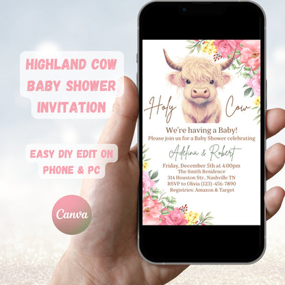 Highland Cow Baby Shower Invitation, Floral Cow Baby Shower, Holy Cow Baby Shower Invite, Holy Cow Girl Baby Shower, Editable Template