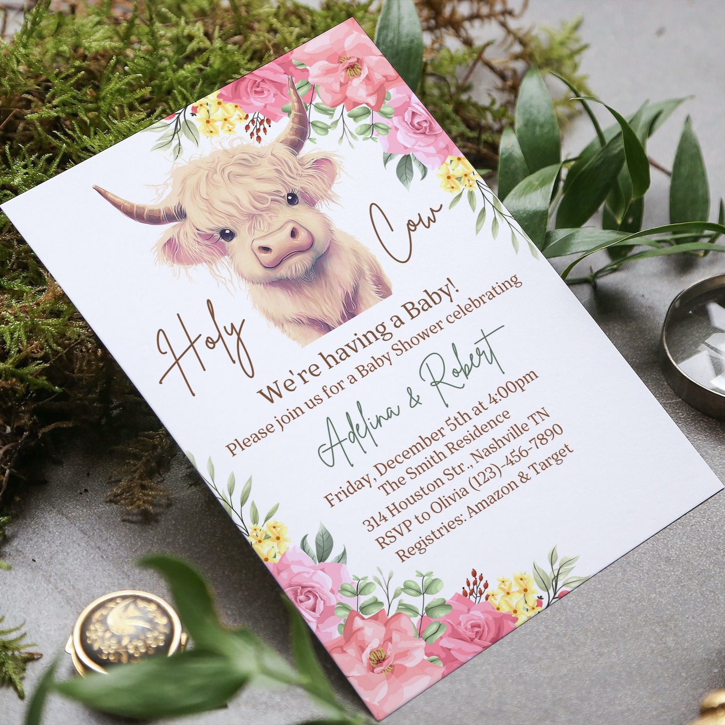 Highland Cow Baby Shower Invitation, Floral Cow Baby Shower, Holy Cow Baby Shower Invite, Holy Cow Girl Baby Shower, Editable Template