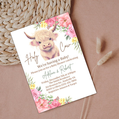 Highland Cow Baby Shower Invitation, Floral Cow Baby Shower, Holy Cow Baby Shower Invite, Holy Cow Girl Baby Shower, Editable Template