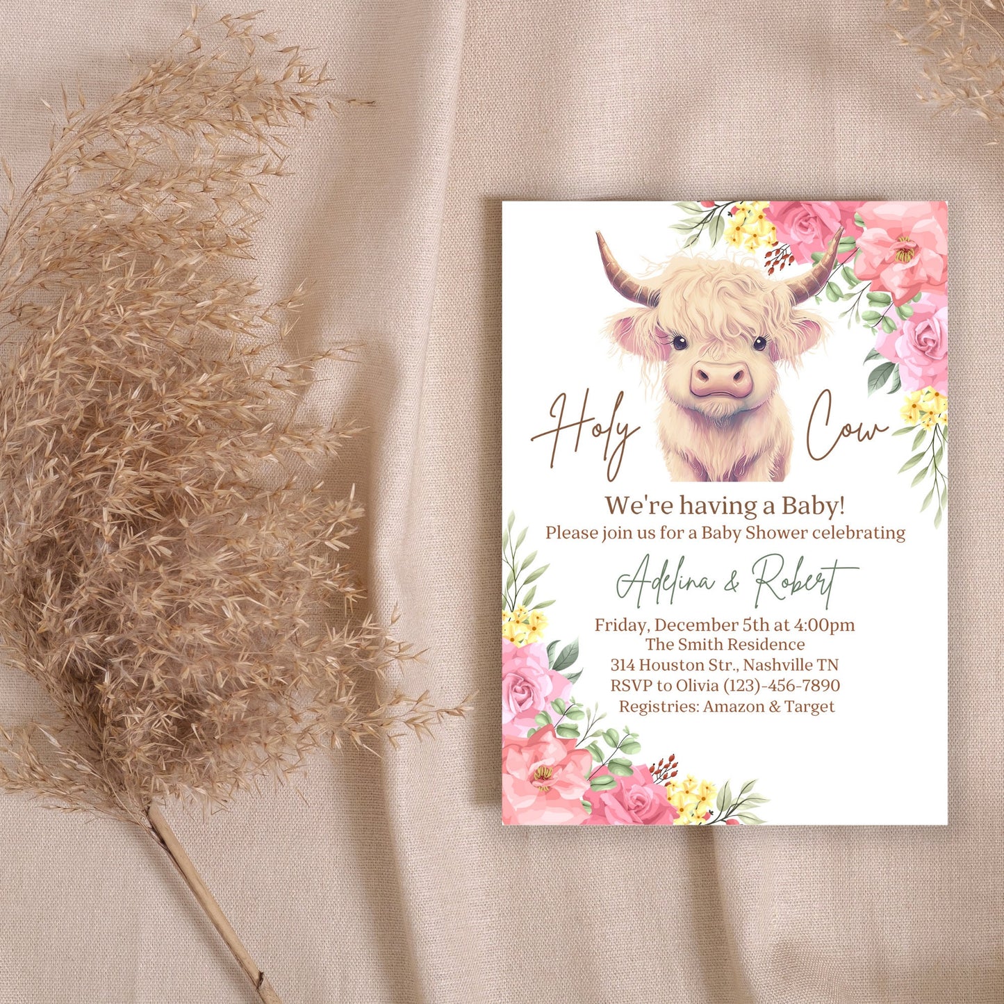 Highland Cow Baby Shower Invitation, Floral Cow Baby Shower, Holy Cow Baby Shower Invite, Holy Cow Girl Baby Shower, Editable Template