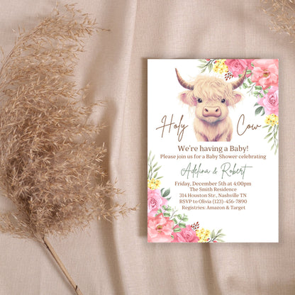 Highland Cow Baby Shower Invitation, Floral Cow Baby Shower, Holy Cow Baby Shower Invite, Holy Cow Girl Baby Shower, Editable Template