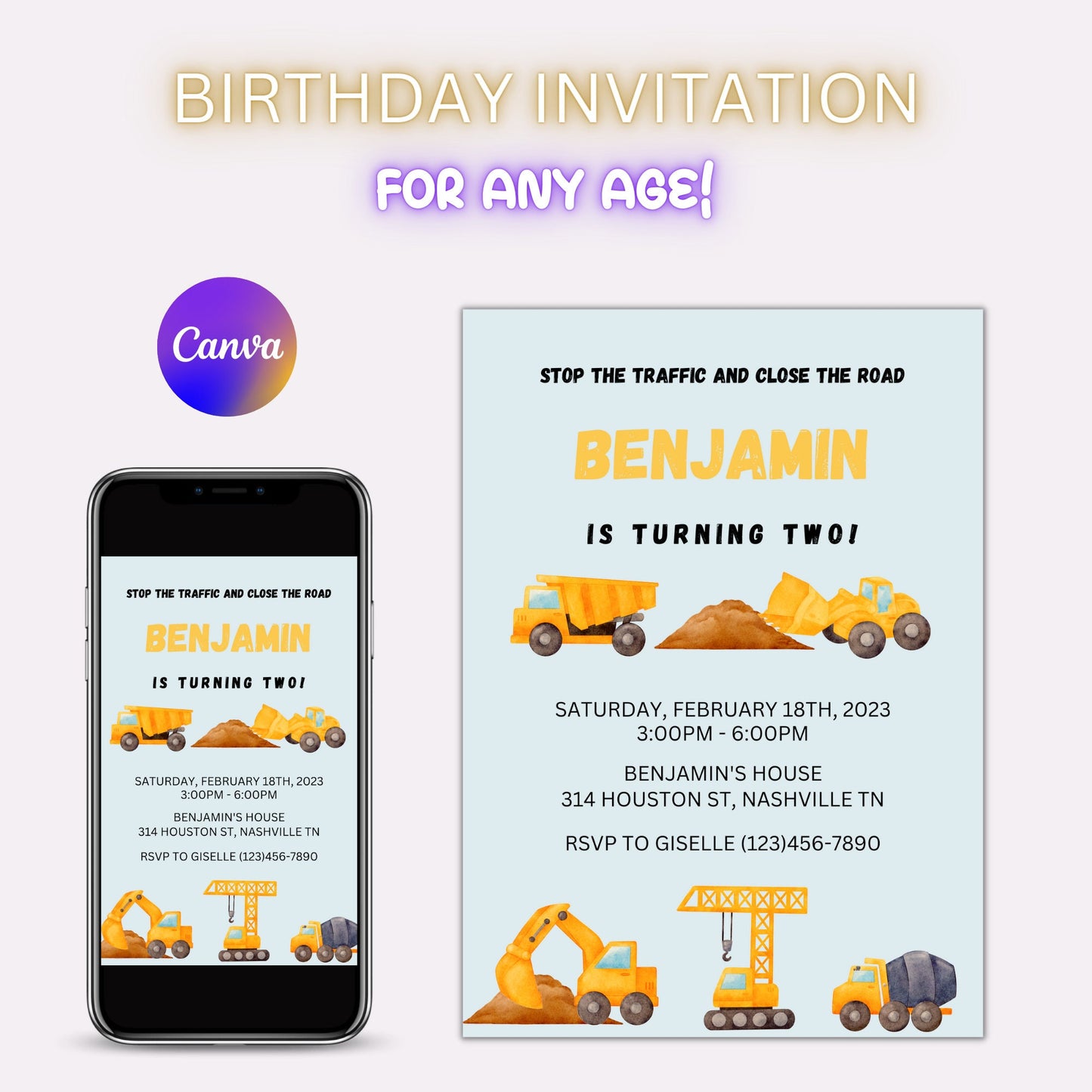 Editable Construction Invitation, Construction Birthday Invitations, Dump Truck Party Invite, Printable template Digital Instant download