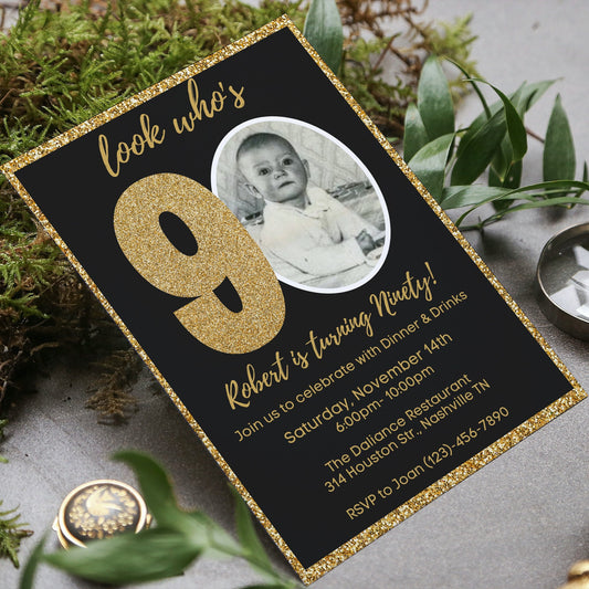 Editable 90th Invitation with photo, Look Who's 90, 90th Birthday Invitation Template, Gold 90th Invitation, Editable, Printable