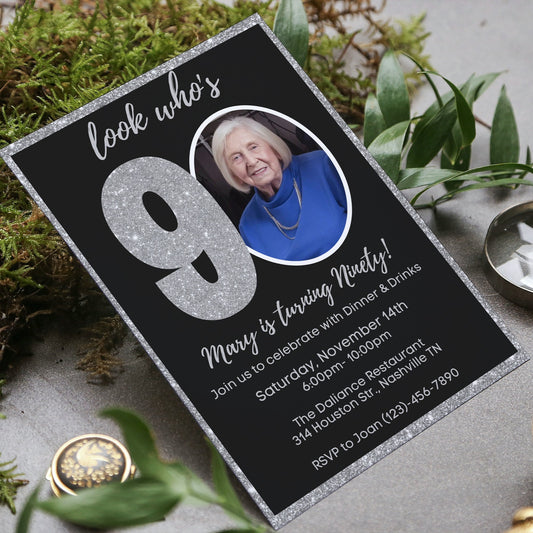 Editable 90th Invitation with photo, Look Who's 90, 90th Birthday Invitation Template, Silver 90th Invitation, Editable, Printable