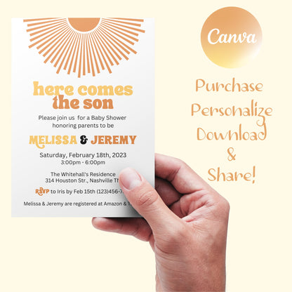 Editable Sunshine Baby Shower Invitation, Here Comes The Son Baby Shower Invite Set, Retro Boho Boy Sunshine Baby Shower, Instant Download