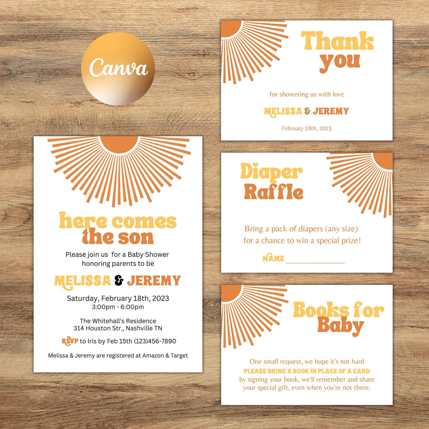 Editable Sunshine Baby Shower Invitation, Here Comes The Son Baby Shower Invite Set, Retro Boho Boy Sunshine Baby Shower, Instant Download