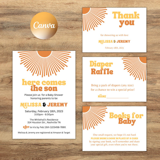 Editable Sunshine Baby Shower Invitation, Here Comes The Son Baby Shower Invite Set, Retro Boho Boy Sunshine Baby Shower, Instant Download