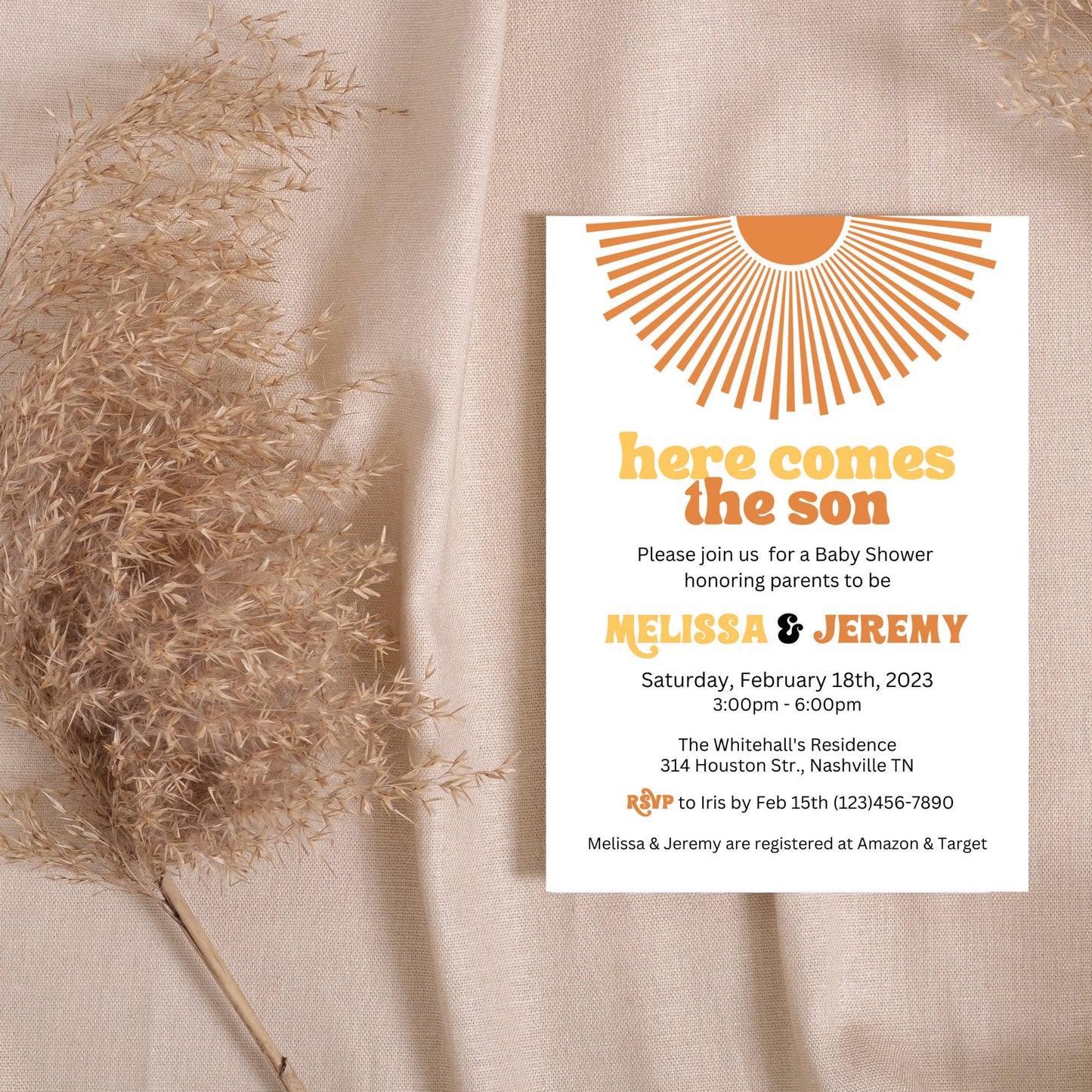 Editable Sunshine Baby Shower Invitation, Here Comes The Son Baby Shower Invite Set, Retro Boho Boy Sunshine Baby Shower, Instant Download