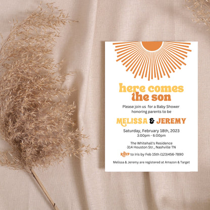 Editable Sunshine Baby Shower Invitation, Here Comes The Son Baby Shower Invite Set, Retro Boho Boy Sunshine Baby Shower, Instant Download