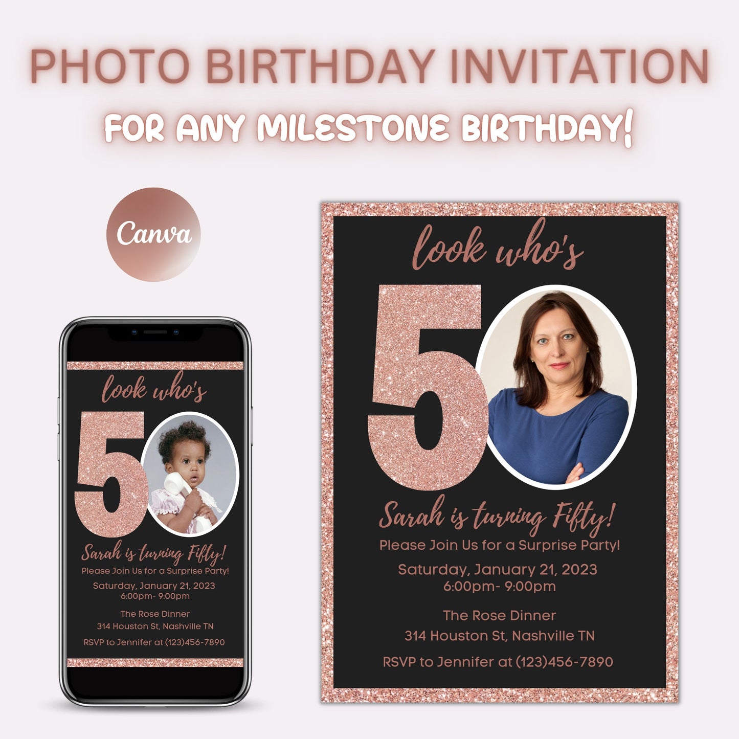 Editable 50th Invitation with photo, Look Who's 50, 50th Birthday Invitation Template, Rose Gold 50th Invitation, Editable, Printable