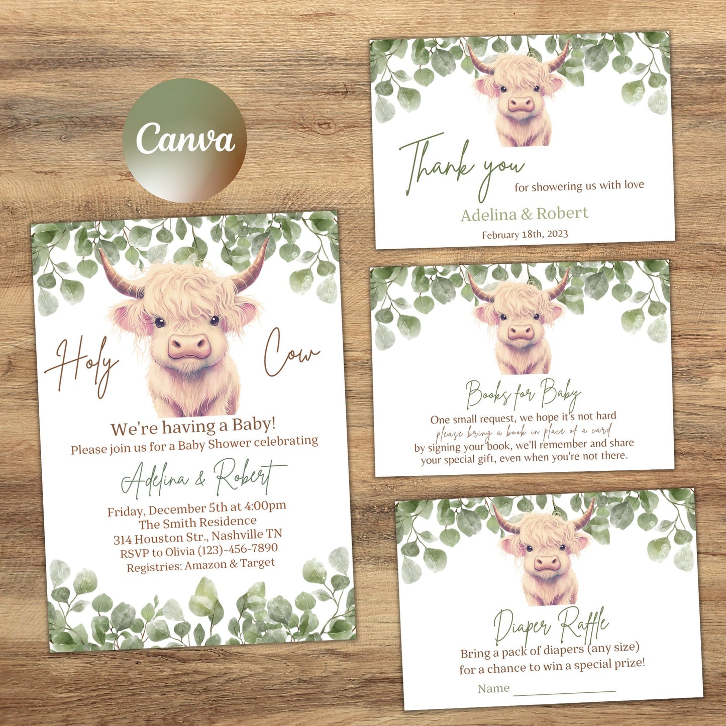 Boho Highland Cow Baby Shower Invitation Bundle with Games, Gender Neutral Cow Baby Shower, Holy Cow Baby Shower Invitation Set, Editable