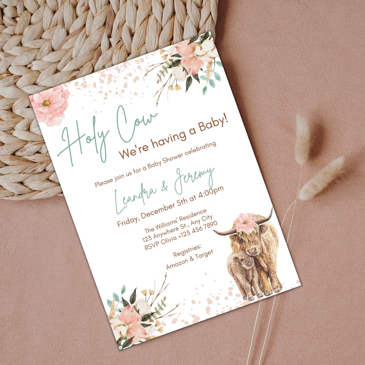 Boho Highland Cow Baby Shower Invitation Template, Holy Cow Baby Shower Invite, Floral Cow Baby Shower, Editable Boho Cow Baby Shower Invite