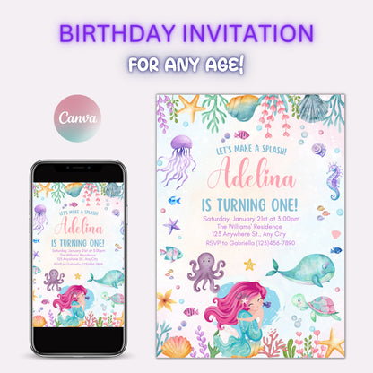 Editable Under The Sea Birthday Invitation Template, Printable Watercolor Under the Sea Invite, Mermaid Birthday Invitation,Instant Download