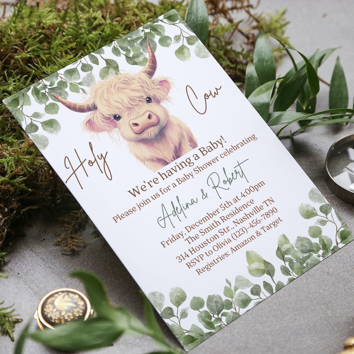 Boho Highland Cow Baby Shower Invitation Bundle with Games, Gender Neutral Cow Baby Shower, Holy Cow Baby Shower Invitation Set, Editable