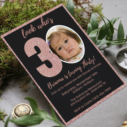 Editable 30th Invitation with photo, Look Who's 30, 30th Birthday Invitation Template, Rose Gold 30th Invitation, Editable, Printable